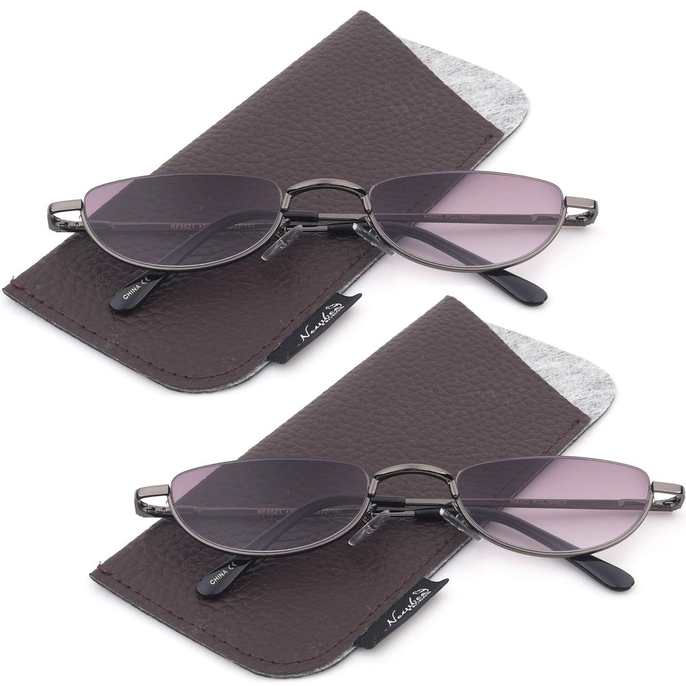 2 Pack Half Moon Shaped Frame Reading Glasses Spring Hinge Flat Top Slim Frame Men Women Tinted Outdoor Reading Glasses with Pouch Gunmetal +2.00