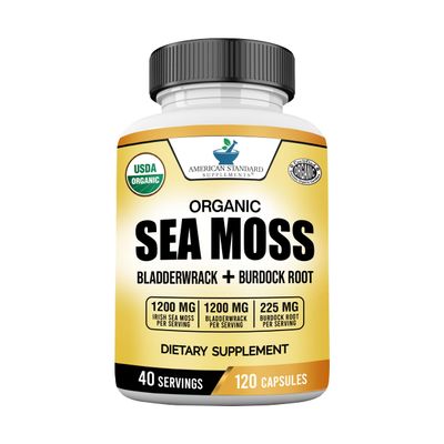 American Standard Supplements Organic Sea Moss, Bladderwrack & Burdock Root Capsules - 1200mg Seamoss, 1200mg Bladderwrack, 225mg Burdock Root Per Serving - 120 Capsules, 40 Servings