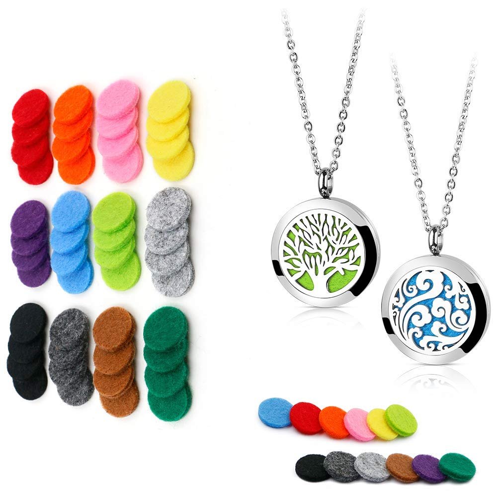 2PCS Essential Oil Diffuser Necklaces (Tree of Life & Cloud) + 48PCS 17mm Replacement Felt Pads