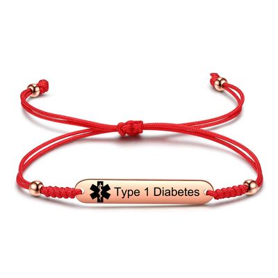 JF.JEWELRY Type 1 Diabetes Bracelet, Medical Alert ID for Women, Pre-engraved Nylon Rope Adjustable Bracelet - Red