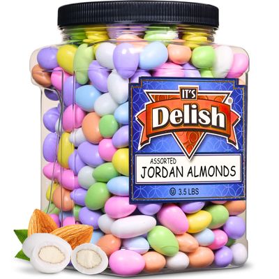 Assorted Jordan Almonds Pastel Colors by Its Delish, 3.5 lbs Jumbo Container | Sugared Almond Nut with Sweet Hard Candy Coating - Wedding Favors, Bridal Baby Showers, Party Buffet Confetti Candies - Vegan & Kosher