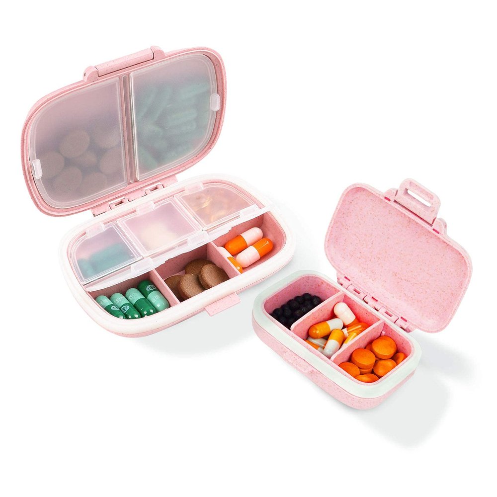 2 Pack Pill Case Organizer,Travel Pill Box with Label, Daily Medicine Organizer Case, Waterproof Pocket Container Case, Portable Pink Supplement Case Medicine Container Compact for for Vitamin