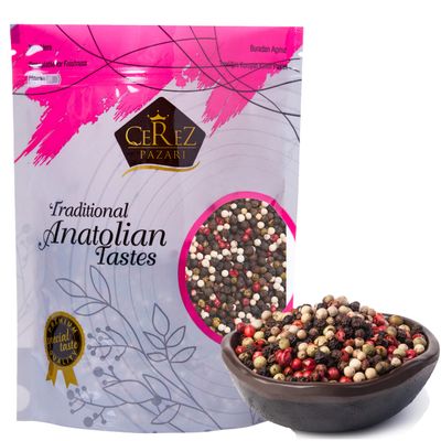 Cerez Pazari Rainbow Peppercorn Blend 7oz, Whole Black, Pink, Green, & White Whole Peppercorns For Grinder Refill, Natural, In Bulk Resealable Bag,