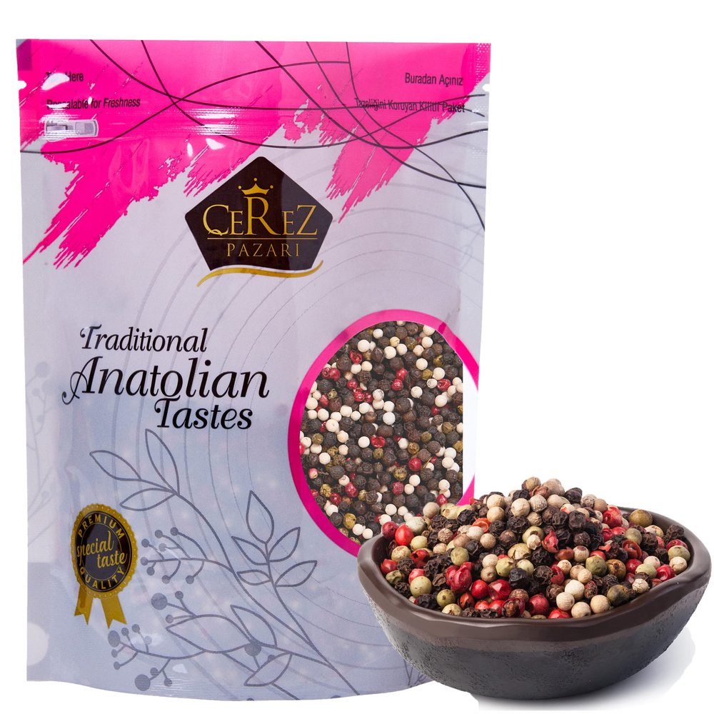 Cerez Pazari Rainbow Peppercorn Blend 7oz, Whole Black, Pink, Green, & White Whole Peppercorns For Grinder Refill, Natural, In Bulk Resealable Bag,