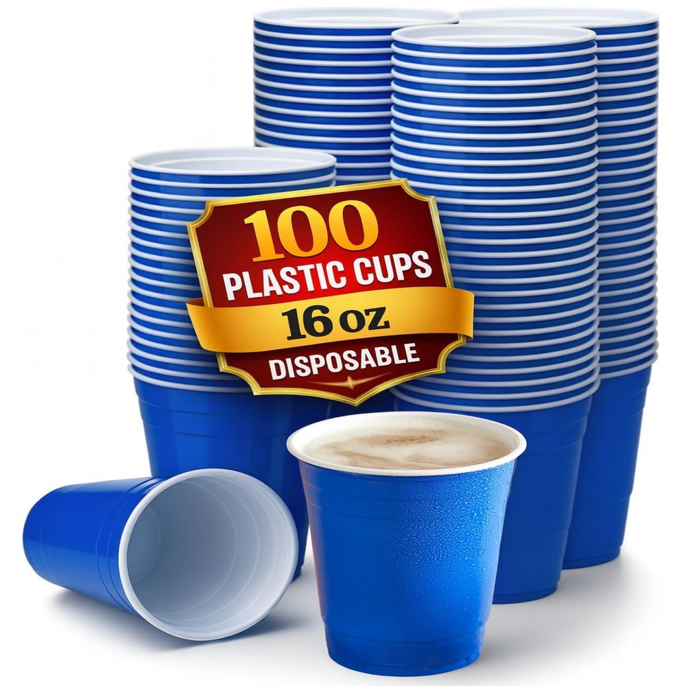 1InTheHome Blue Cups 16 Oz, Disposable Blue Plastic Party Cups (100 pack)