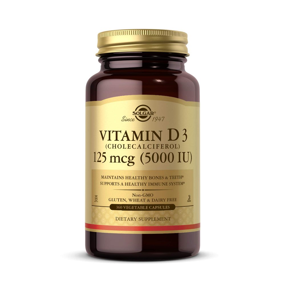Solgar Vitamin D3 (Cholecalciferol) 125 mcg (5000 IU), 360 Vegetable Capsules - Helps Maintain Healthy Bones & Teeth - Immune System Support - Non-GMO, Gluten Free - 360 Total Servings