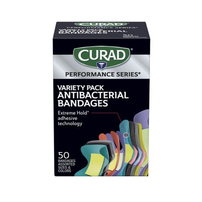 CURAD Performance Series Antibacterial Bandages, Extreme Hold Adhesive Technology, Finger & Knuckle Bandages, Flexible Fabric, Variety Pack with Assorted Sizes & Colors, 50 Count, Case of 24