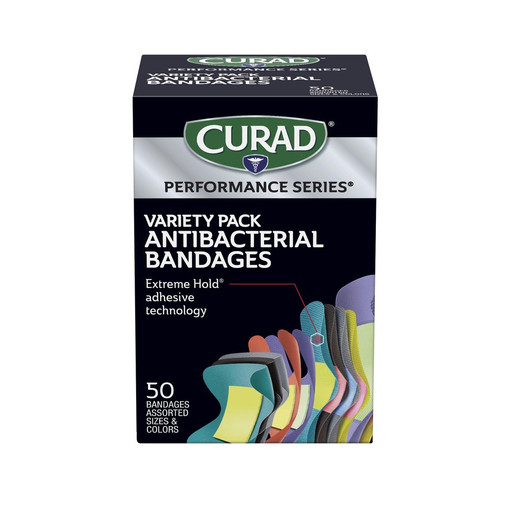 CURAD Performance Series Antibacterial Bandages, Extreme Hold Adhesive Technology, Finger & Knuckle Bandages, Flexible Fabric, Variety Pack with Assorted Sizes & Colors, 50 Count, Case of 24
