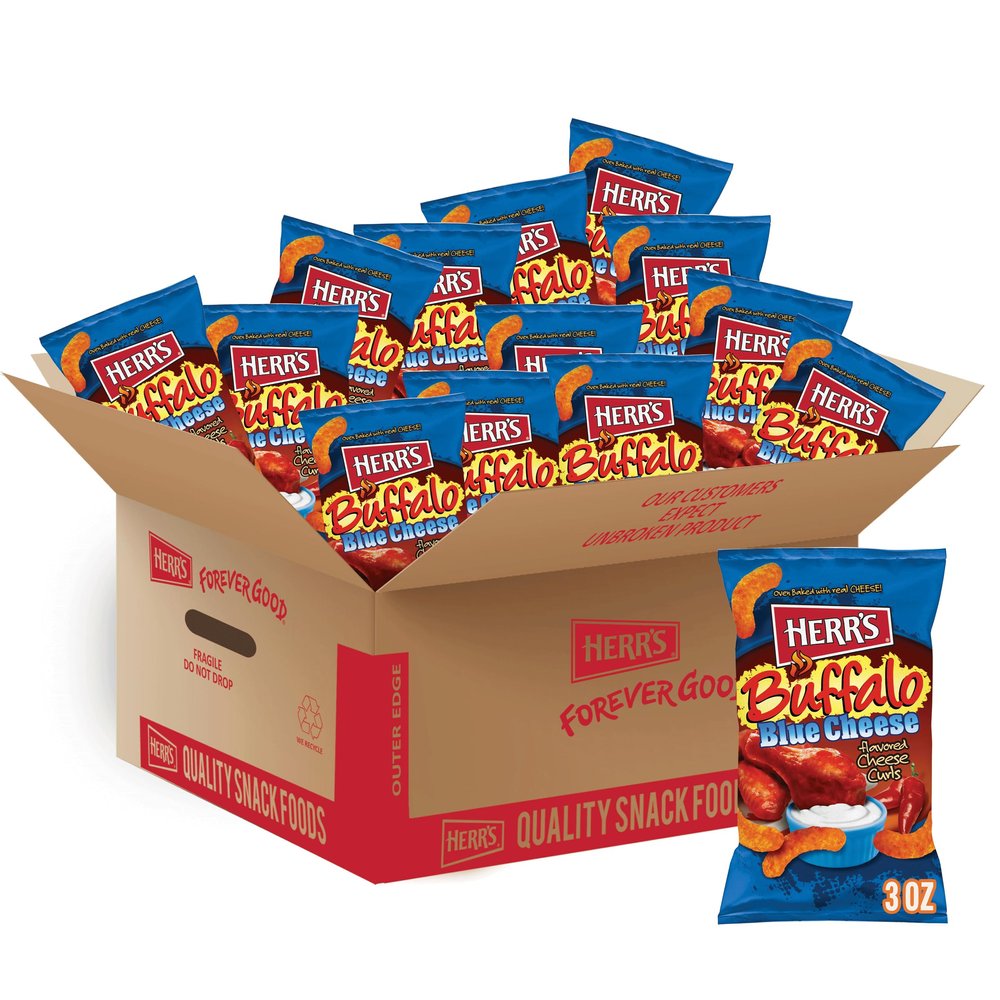 Herr's Buffalo Blue Cheese Curls, 3 Ounce (Pack of 20 Bags) Spicy Buffalo and Creamy Blue Cheese Flavor Great for Game Day Snacks