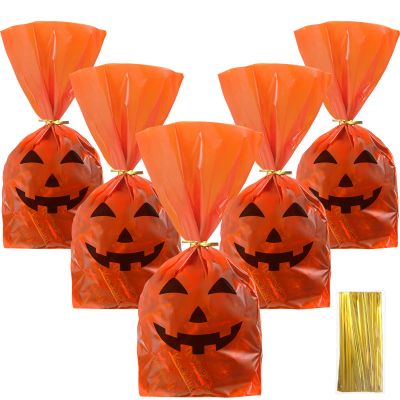 Outus 50 Pieces Halloween Jack O Lantern Pumpkin Treat Bags Flat Cellophane Orange Treat Candy Bags Halloween Plastic Party Favor Decor for Bakery, Popcorn, Cookie Candy Dessert with Gold Twist Ties