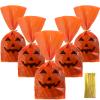 Outus 50 Pieces Halloween Jack O Lantern Pumpkin Treat Bags Flat Cellophane Orange Treat Candy Bags Halloween Plastic Party Favor Decor for Bakery, Popcorn, Cookie Candy Dessert with Gold Twist Ties view 1