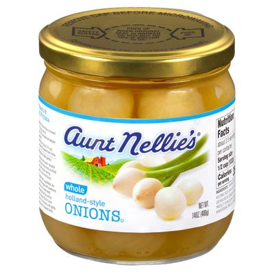 Aunt Nellies Whole Holland-Style Onions | Mildly Sweet-Tart and Delicious | Imported Bite-Sized, Plump Onions | Soup, Stews, Casseroles, Cocktails | 14 oz. glass jars (Pack of 2)