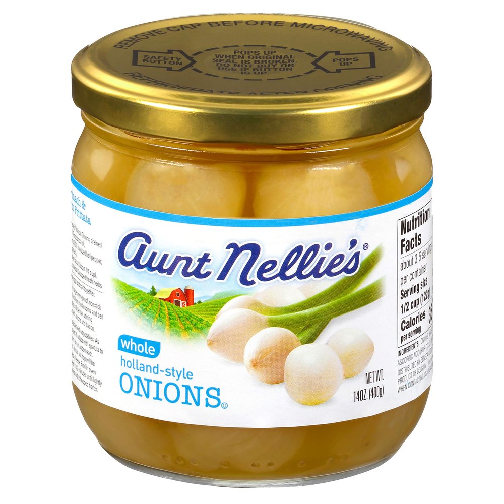 Aunt Nellies Whole Holland-Style Onions | Mildly Sweet-Tart and Delicious | Imported Bite-Sized, Plump Onions | Soup, Stews, Casseroles, Cocktails | 14 oz. glass jars (Pack of 2)