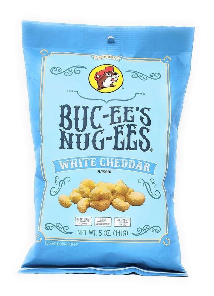 Buc-ee's Nug-ees: White Cheddar Flavored Powdery Cheese-Flavored Beaver Nuggets Sweet Corn Puff Snacks From Texas, Gluten Free, 1 Bag of 5 Ounce