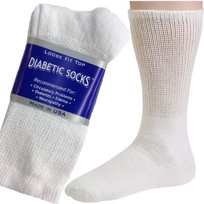 Creswell 12 Pairs Diabetic Crew Socks Made in USA (White, 13-15)