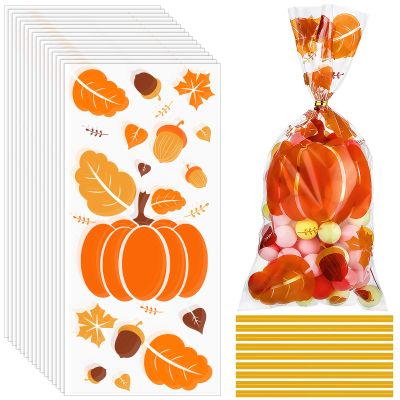 100 Pcs Fall Thanksgiving Treat Bags, Thanksgiving Fall Cellophane Treat Bag Plastic Autumn Maple Leaf Pumpkin Candy Goodie Gift Bag with Twist Ties Party Supplies for Thanksgivings Falls Party Favors