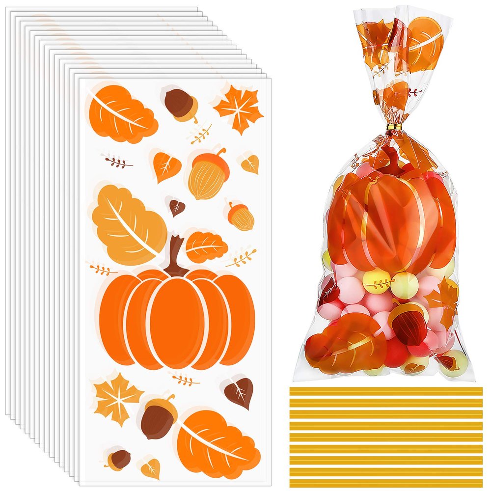 100 Pcs Fall Thanksgiving Treat Bags, Thanksgiving Fall Cellophane Treat Bag Plastic Autumn Maple Leaf Pumpkin Candy Goodie Gift Bag with Twist Ties Party Supplies for Thanksgivings Falls Party Favors