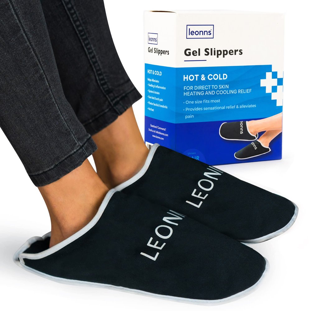 LEONNS Gel Ice Pack Slippers - Provides Hot and Cold Therapy for Foot Pain, Neuropathy Pain Relief for Feet, Gout Relief, Swollen Feet, Plantar Fasciitis and Heel Spurs- One Size Fits Most (Black)