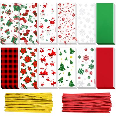 Outus 180 Pcs Christmas Cellophane Bags Candy Cookies Treat Bags Christmas Trees Santa Buffalo Plaid Snowflake Cello Gifts Bags with 200 Counts Twist Ties for Xmas Theme Party Supplies, 12 Styles