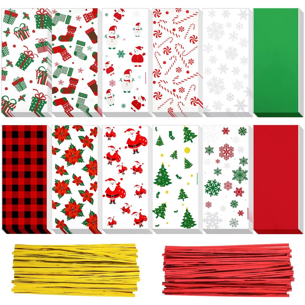 Outus 180 Pcs Christmas Cellophane Bags Candy Cookies Treat Bags Christmas Trees Santa Buffalo Plaid Snowflake Cello Gifts Bags with 200 Counts Twist Ties for Xmas Theme Party Supplies, 12 Styles