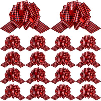 20 Pieces Christmas Pull Bows Bulk 5 Inch Red and Black Plaid Xmas Tree Ribbon Bows for Gift Wrapping Pull Bows Christmas New Year Party Ornament Birthday Wedding Wreath Basket Decorations DIY Craft