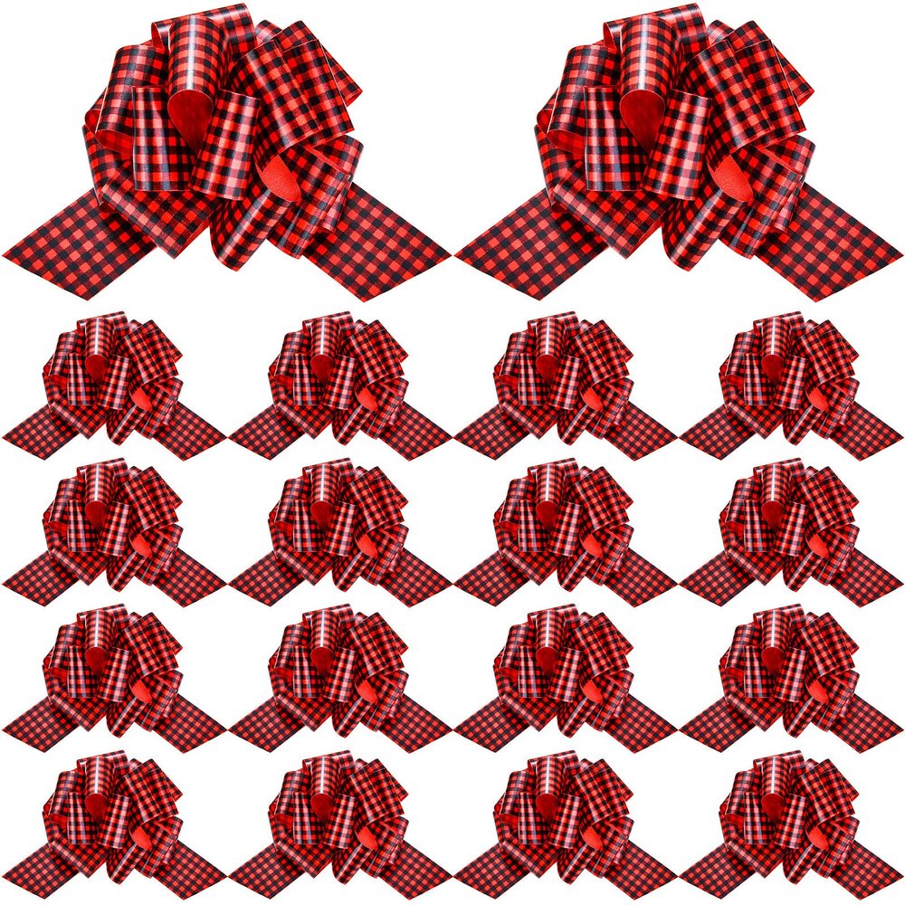 20 Pieces Christmas Pull Bows Bulk 5 Inch Red and Black Plaid Xmas Tree Ribbon Bows for Gift Wrapping Pull Bows Christmas New Year Party Ornament Birthday Wedding Wreath Basket Decorations DIY Craft