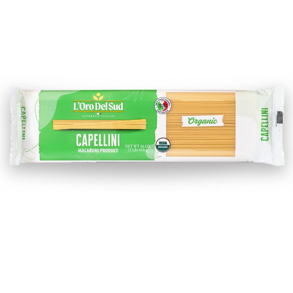 Organic Capellini, 100% Durum Wheat Italian Pasta, Premium Quality Product of Italy (10 pack x 16 Oz) Non GMO, Vegan, Kosher Certified by L'Oro del Sud.