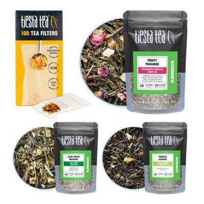 Tiesta Tea - Green Tea Starter Kit, Loose Leaf, Premium Green Blend Gift Set, Medium Caffeinated, Make Hot or Iced, Includes 3 Loose Leaf Samplers & 100 Disposable Filters