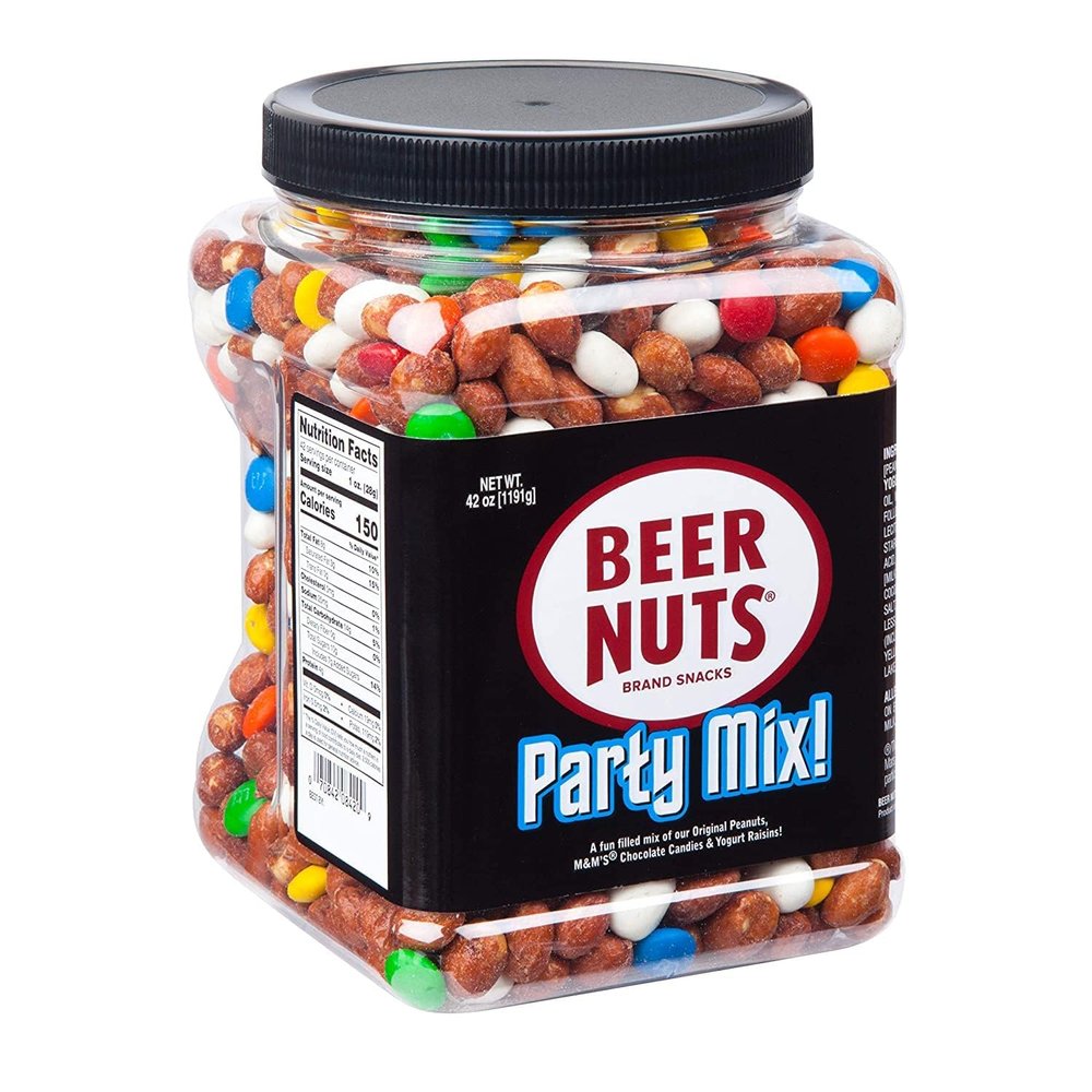 BEER NUTS Party Mix, Original Sweet & Salty Roasted Gourmet Peanuts, Plain Yogurt Covered Raisins, M&M's Milk Chocolate Candies - Kosher, Gluten Free, Family Size Resealable Packaged Snack (42oz, Party Mix)