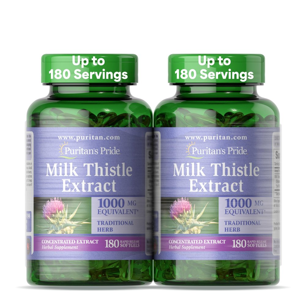 Puritan's Pride Milk Thistle Silymarin 4:1 Concentration Extract 200mg (1000 Mg Equivalent) Dietary Supplement for Liver Support, 6 Month Supply, 180 Count 2-Pack