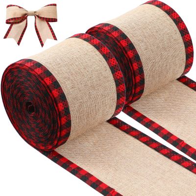 2 Rolls Christmas Buffalo Plaid Wired Edge Ribbons Christmas Tree Burlap Fabric Craft Wrapping Ribbon with Checkered Edge, 216 Inch(2.5 Inch Width,Red and Black)