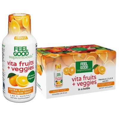 FeelGood Superfoods Vita Fruits and Veggies Immune Support Shot Supplements, Orange Flavor, Pack of 10 Immunity Shots, Immune System Booster Drink Made with 25 Organic Fruit & Vegetables