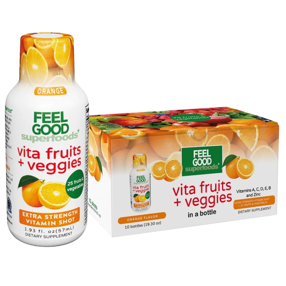 FeelGood Superfoods Vita Fruits and Veggies Immune Support Shot Supplements, Orange Flavor, Pack of 10 Immunity Shots, Immune System Booster Drink Made with 25 Organic Fruit & Vegetables