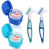KISEER 2 Pack Denture Bath Case Cup Box Holder Storage Container with Denture Cleaner Brush Strainer Basket for Travel Cleaning (Light Blue and Blue) view 1