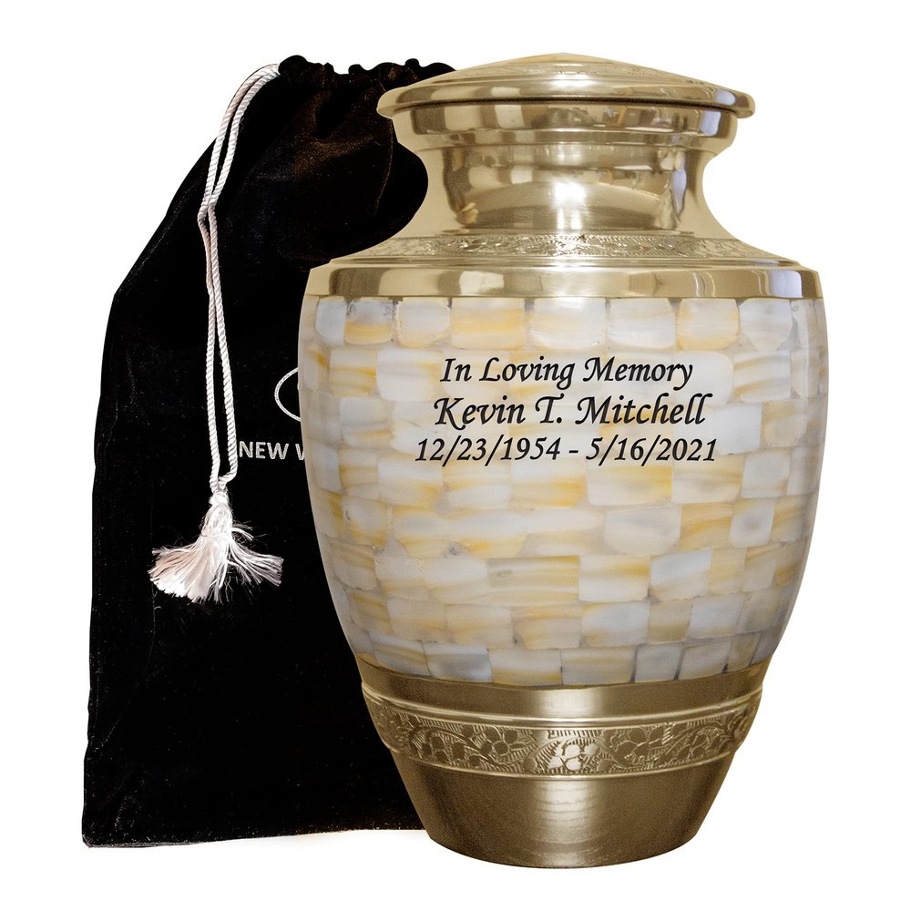 Custom Engraved Adult Size Brass Mother of Pearl Cremation Urn for Human Ashes, Funeral Ash Container with Bag