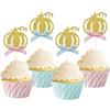 24pcs Pumpkin Gender Reveal Cupcake Toppers - Baby Shower Girl or Boy Party Decorations Supplies, Pumpkin Food Pick (Blue and Pink Bow) view 1