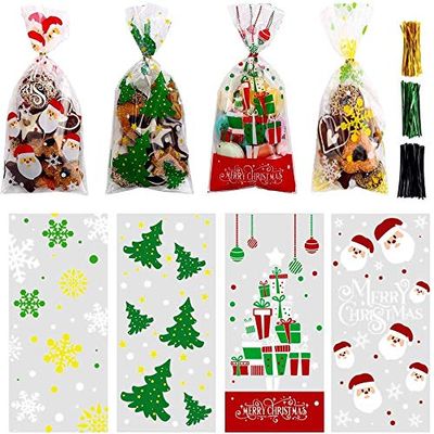 LOKIPA 200 Pcs Christmas Cellophane Treat Bags, Xmas Clear Cello Gift Bags Candy Goodies Bags with Twist Ties for Christmas Party Supplies