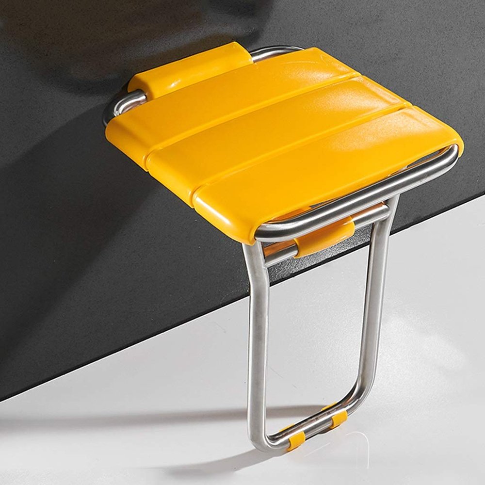 RTY-BY Yellow Shower Stool Wall-Mount Fold-up Seat | Folding Bath Stool for Showering | Bathroom Chairs with Legs for Elderly Disabled Disability, Stainless Steel Frame