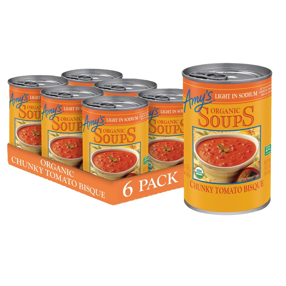 Amys Soup, Chunky Tomato Bisque Canned Soup, Light in Sodium, Gluten Free, Made With Organic Tomatoes and Cream, 14.5 Oz (6 Pack)