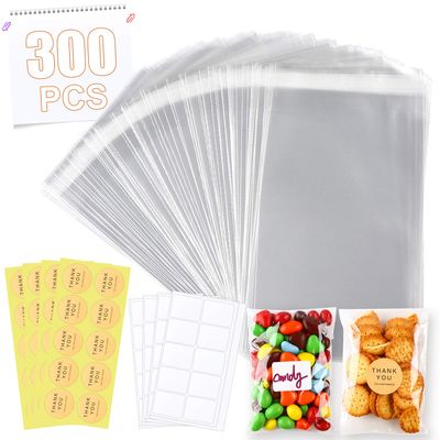 300 PCS 46 Inches Clear Resealable Cellophane Bags with 40 PCS Blank Self-adhesive Label Paper and 40 PCS Thank You Stickers for Bakery, Candle, Soap, Cookie Poly Bags