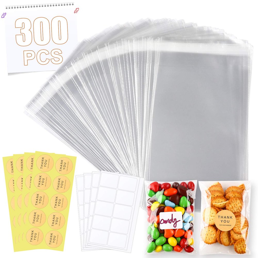 300 PCS 46 Inches Clear Resealable Cellophane Bags with 40 PCS Blank Self-adhesive Label Paper and 40 PCS Thank You Stickers for Bakery, Candle, Soap, Cookie Poly Bags