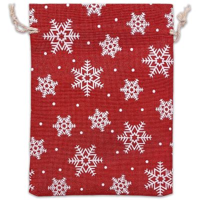 12-Pack 6x8 Reusable Red Jute Burlap Gift Bags w. Drawstrings (Snowflakes, Medium) - for Presents, Party Favors, Retail, Samples by TheDisplayGuys