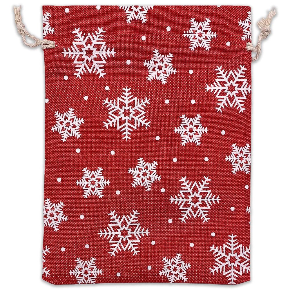 12-Pack 6x8 Reusable Red Jute Burlap Gift Bags w. Drawstrings (Snowflakes, Medium) - for Presents, Party Favors, Retail, Samples by TheDisplayGuys