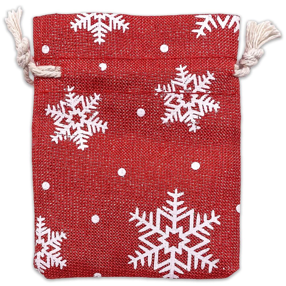 12-Pack 3x4 Reusable Red Jute Burlap Gift Bags w. Drawstrings (Snowflakes, X-Small) - for Presents, Party Favors, Retail, Samples by TheDisplayGuys