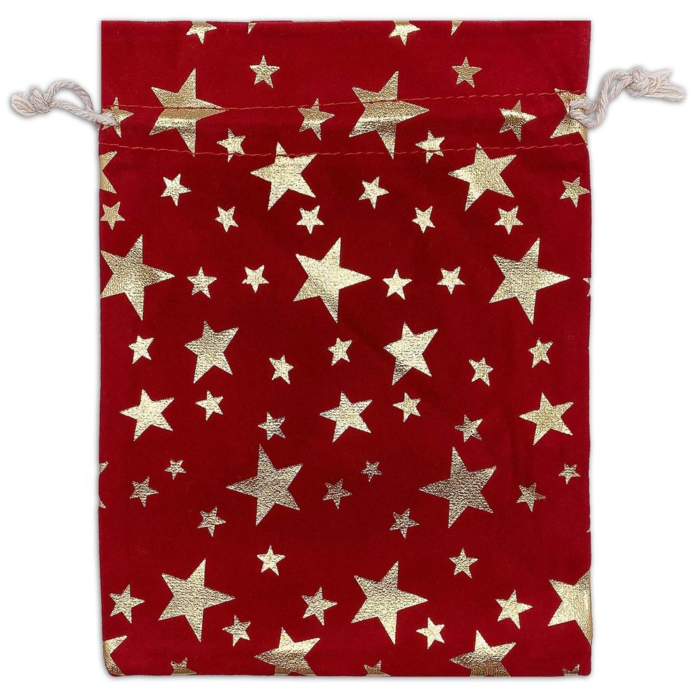 12-Pack Red Velvet Christmas Gift Bags w/Drawstring - Large (Gold Stars 6x8) - garment pouches for Party Favor, Goodie by The Display Guys