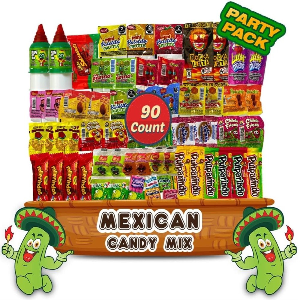 Mexican Candy Assortment Snacks Pack - Variety of Spicy, Sweet, and Sour Candies, Includes Lucas Candy, Pelon Pelo Rico, Pulparindo, Rellerindo, by LookOn - 90 Count