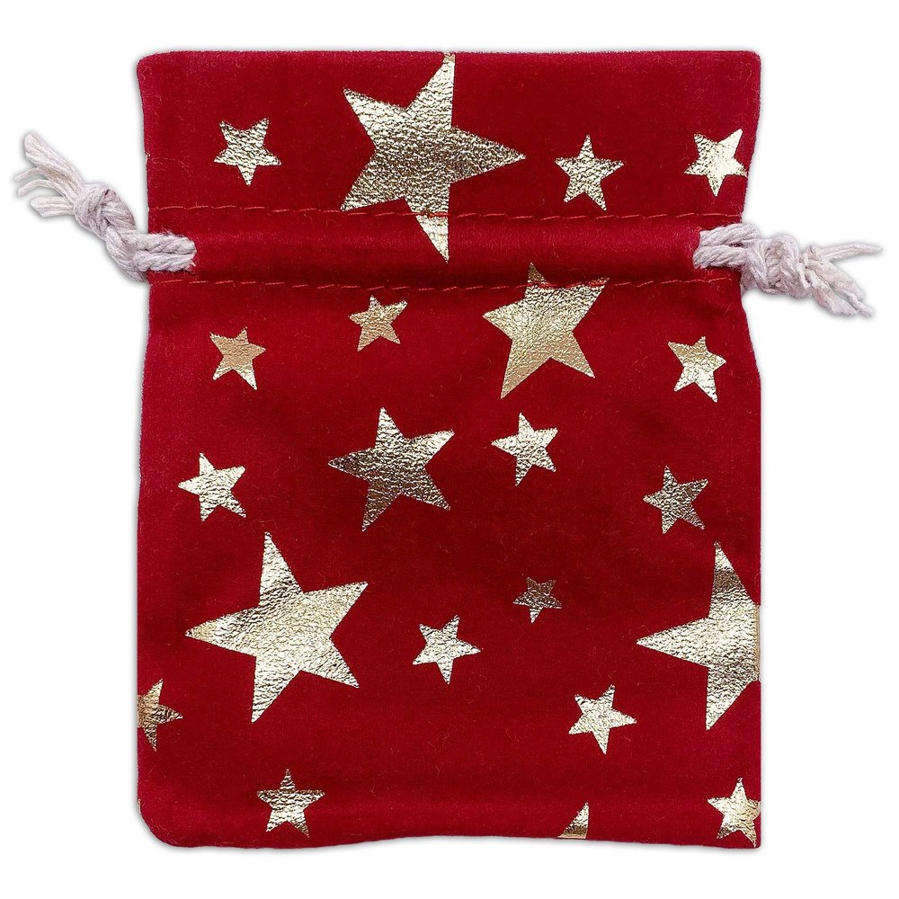 12-Pack Red Velvet Christmas Gift Bags w/Drawstring - Small (Gold Stars 3x3.5) - garment pouches for Party Favor, Goodie by The Display Guys