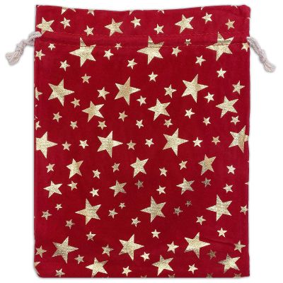 12-Pack Red Velvet Christmas Gift Bags w/Drawstring - XLarge (Gold Stars 8x10) - garment pouches for Party Favor, Goodie by The Display Guys