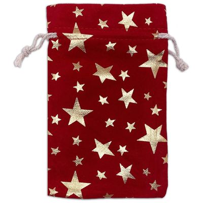12-Pack Red Velvet Christmas Gift Bags w/Drawstring - Medium (Gold Stars 4x6) - garment pouches for Party Favor, Goodie by The Display Guys