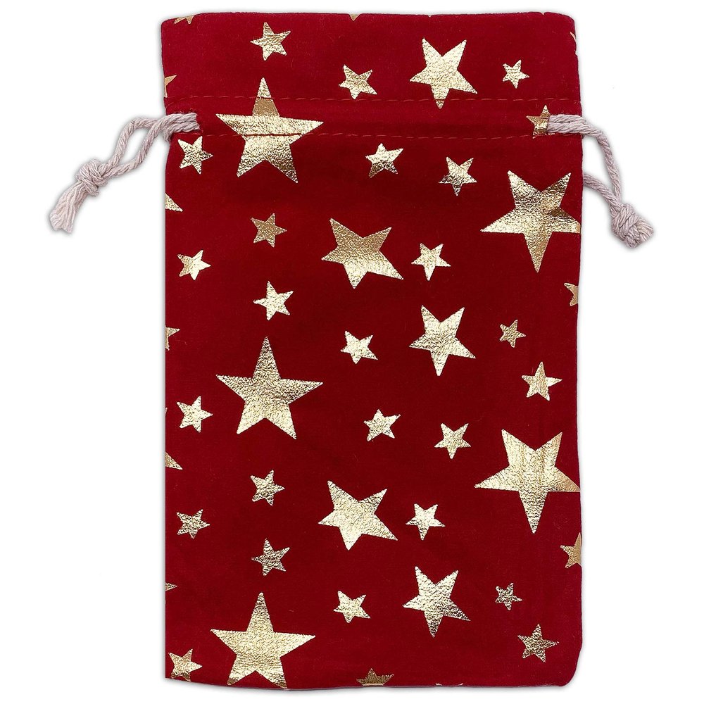 12-Pack Red Velvet Christmas Gift Bags w/Drawstring - Medium (Gold Stars 4x6) - garment pouches for Party Favor, Goodie by The Display Guys